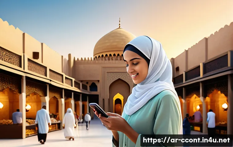 문화콘텐츠 기획의 기술적 접근법 - A vibrant scene of an Arab cultural heritage site brought to life through augmented reality on a mod...