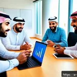 문화콘텐츠 기획사가 알아야 할 기획 문서 작성법 - A vibrant digital cultural project team meeting in a modern Middle Eastern office, featuring diverse...