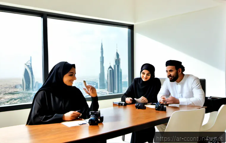 문화콘텐츠 기획사의 역할 변화와 미래 전망 - Photorealistic modern cultural content planning studio in a Gulf Arab city, diverse Arab creative te...