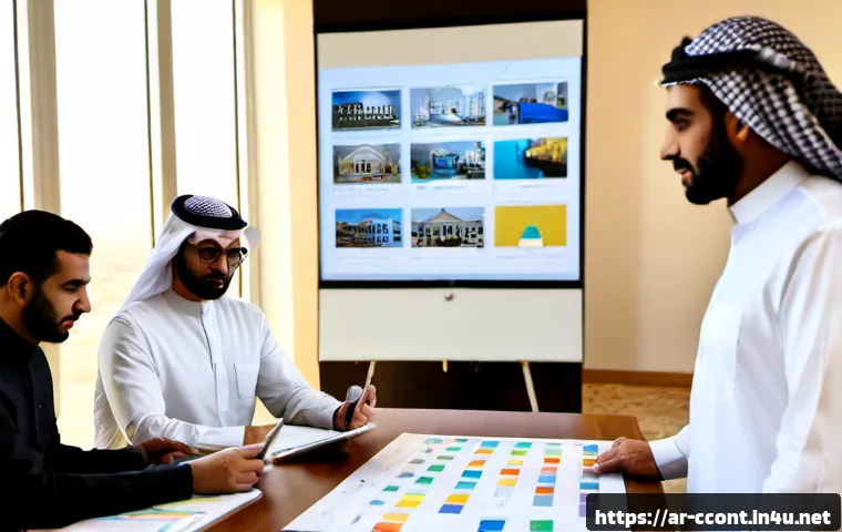 문화콘텐츠 기획사의 하루 일과 - Photorealistic morning scene inside a modern cultural content planning agency in Riyadh, diverse Ara...