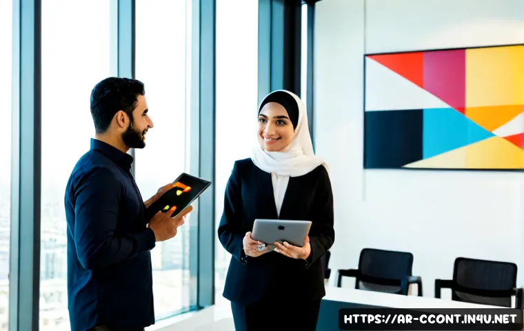 문화콘텐츠 기획사 포트폴리오 성공 사례 - Photorealistic cultural content agency portfolio success meeting in a modern Gulf city studio, diver...