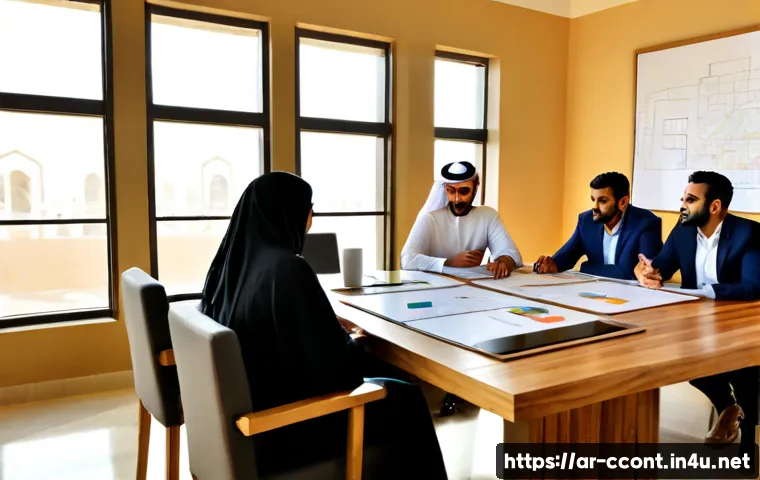 문화콘텐츠 기획사와 협업하는 법 - Photorealistic collaborative planning meeting between a Gulf Arab cultural content agency team and i...